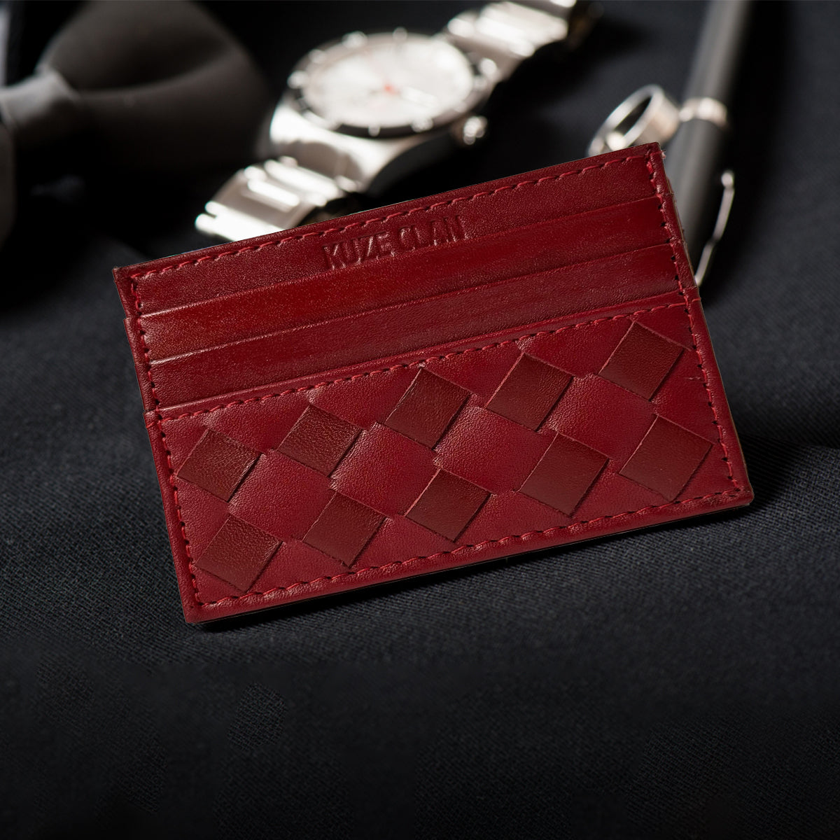 KUZE CLAN Premium Nappa Leather Card Holder Wallet (Red Wine)